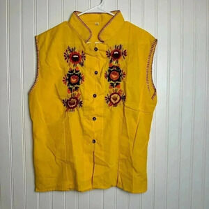 Yellow floral embroidered sleeveless top mandarin collar size XL F43